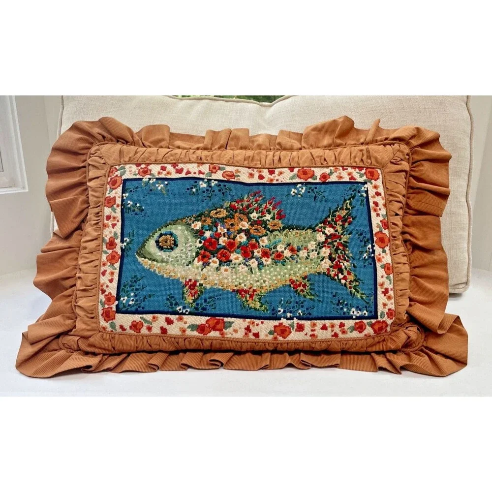Vintage Custom Needlepoint Fish Lumbar Pillow 15